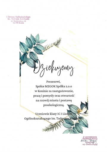 podziękowania dla Spółki