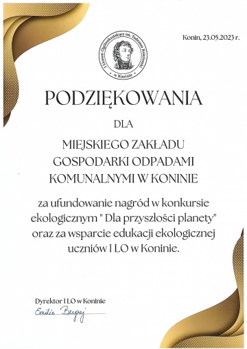 podziękowania dla Spółki